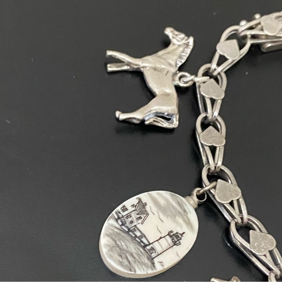 Vintage Sterling Silver Signed 925 Double Link Heart 7 Charms 8” Charm Bracelet - Picture 6 of 16